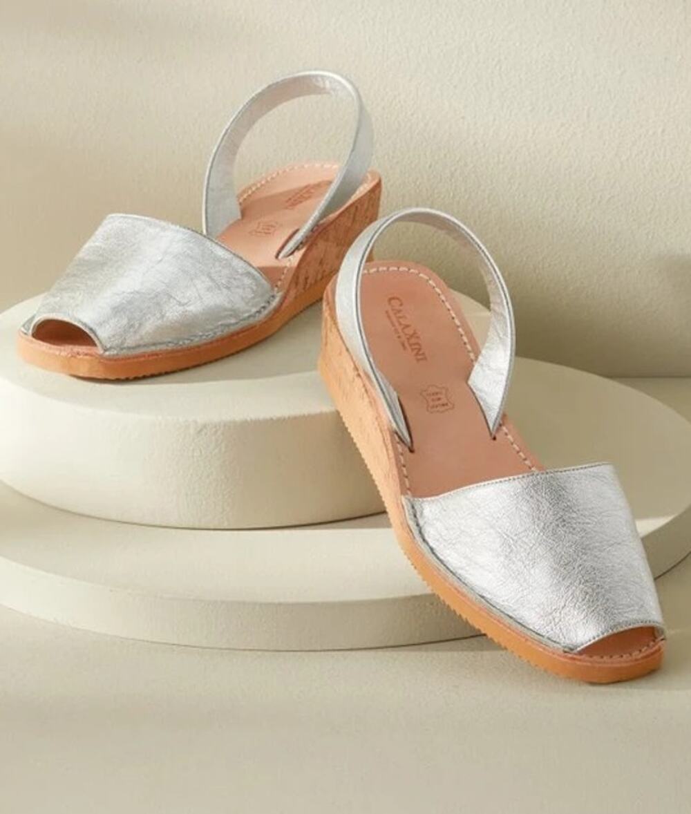 CalaXini Womens Cork Wedge Sandals EU 39 US 8.5-9 Silver Leather NWOB